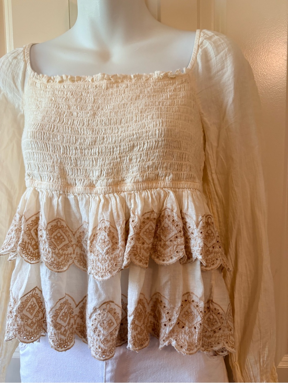 Boho Smocked Peasant Top in Cream with Embroidered Hem, size M - Picture 4 of 8